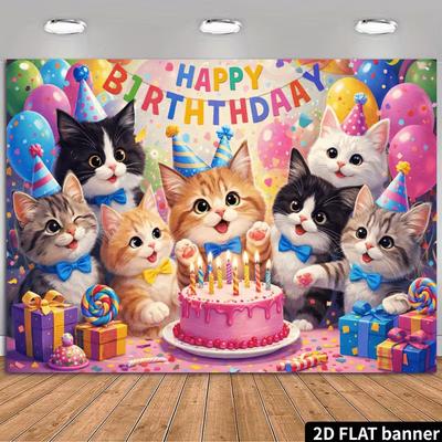 2D Cartoon Cat Birthday Backdrop, Cute Kittens & Confetti Photo Booth Banner