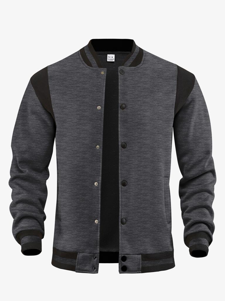 Men Color Block Varsity Bomber Jacket Button-Down Casual Outerwear