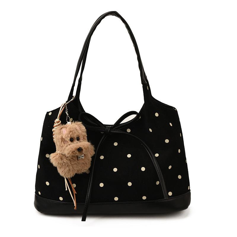 

Y2K Cute Polka Dot Suede Shoulder Bag For Ladies Brown Large Capacity Tote Purse Plush Puppy Charm Bowknot Decor Retro Handbag with Pendant чёрный