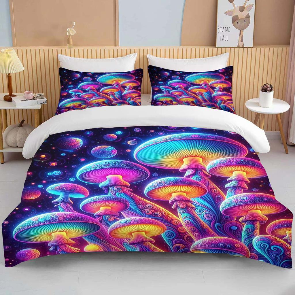 Super Vibrant Neon Psychedelic Mushrooms Print Bedding Set 3PC 1 Duvet Cover 2 Pillowcases Adult and Children Bedding Set Luxury