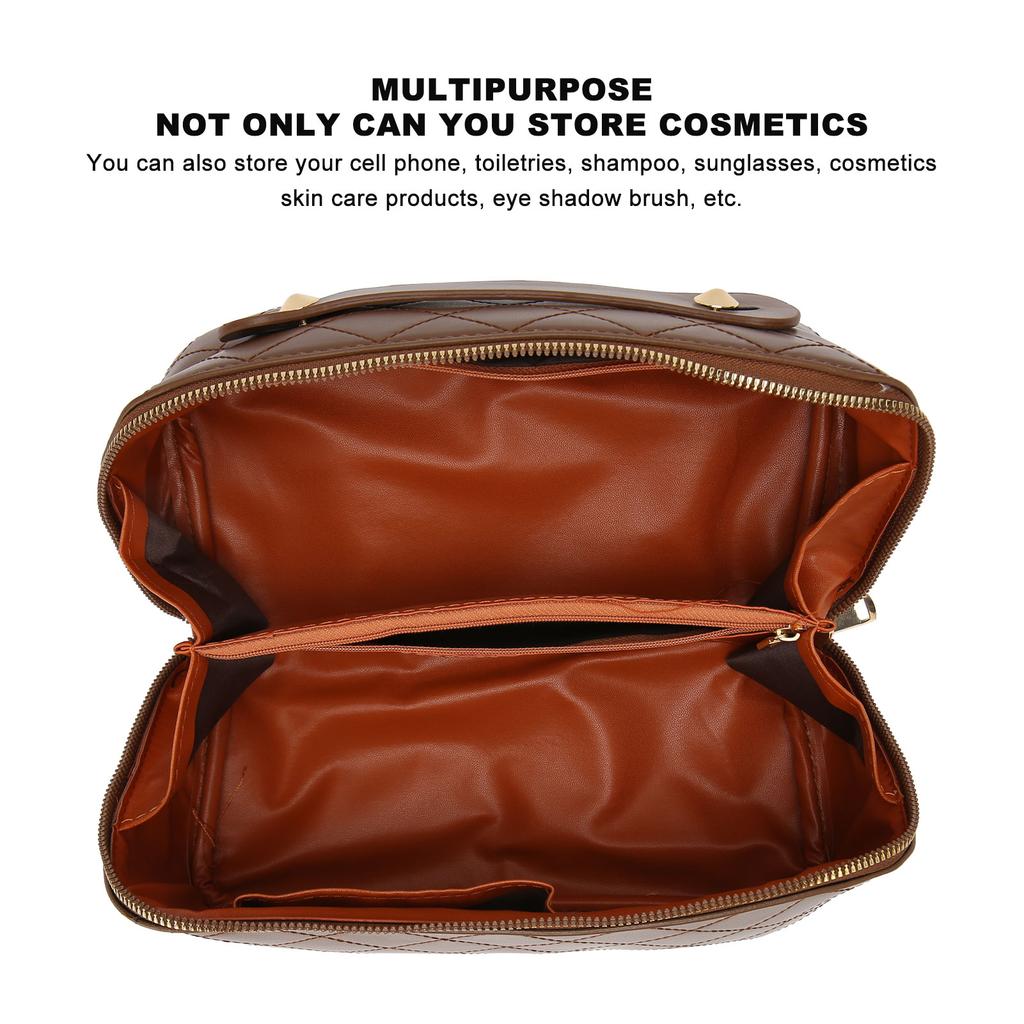 PU Leather Makeup Bag Large Opening Prevent Deformation Hardness Travel Cosmetic Bag with Handle for Cell Phone Brown