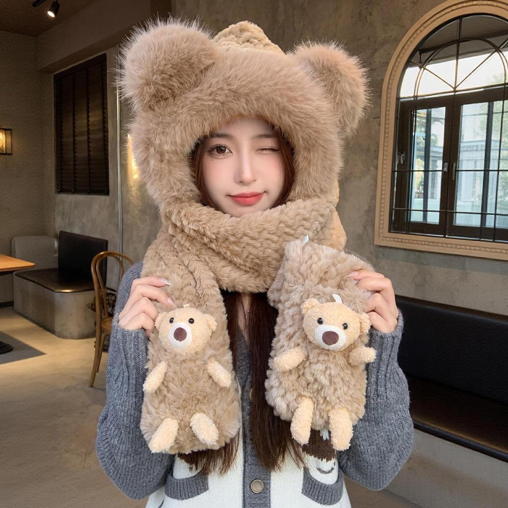 Winter warm plush hat new scarf gloves integrated cute bear three-piece set female cycling ear protectors