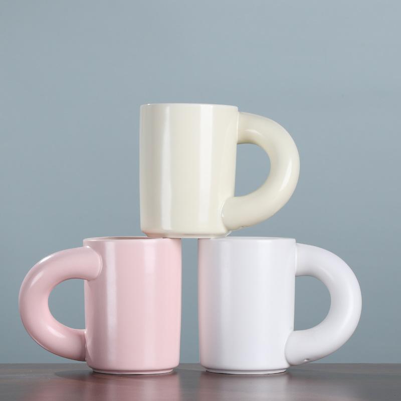 Big ear ceramic mug, creative crooked ceramic thick handle milk coffee water cup