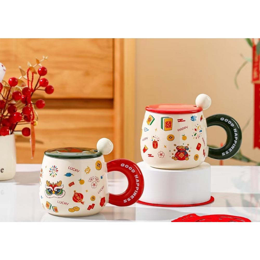 Creative New Year Mug Chinese Style Ceramic Water Cup with Lid Spoon Personalized Year of Dragon Cup Coffee Cup Souvenir