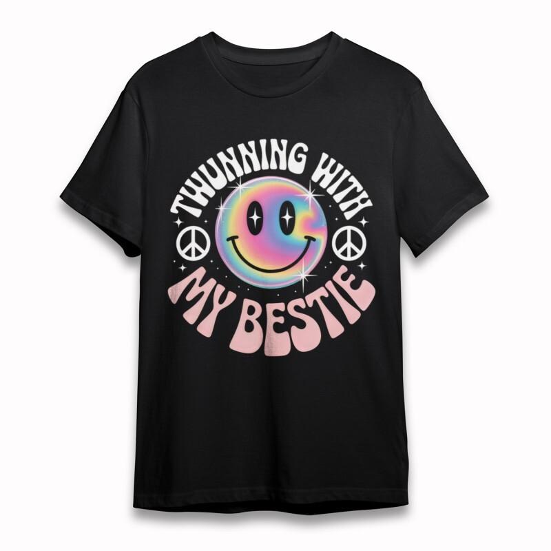 Women's Soft Oversize T-Shirt Colorful Smiley Face Peace Symbol Black Cotton Tee