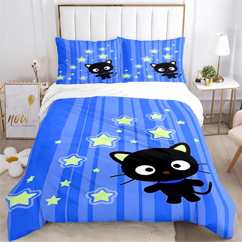 Cute Black Cat with Red Bow Print Bedding Set, Grey Striped Cartoon Cat Duvet Cover Set(1 * duvet cover + 2 * pillowcase, without core)
