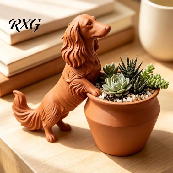 Décoration d'Art de Jardin Moderne Cache-pot Teckel à Poil Long Imprimé 3D, Pot de Fleurs Chien Mignon pour Cactus Plantes d'Air Pot de Fleurs Succulentes, Décoratif