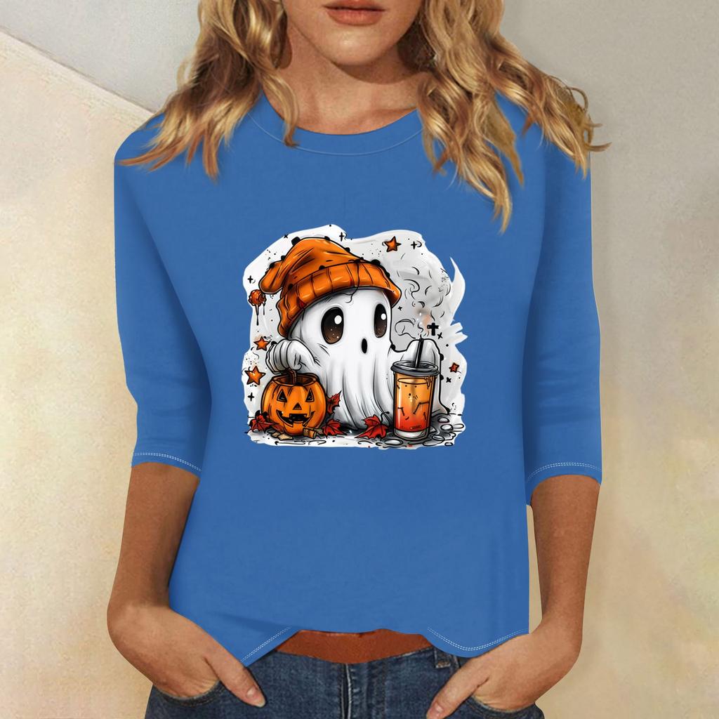 Women's Fashion Casual Three-quarter Sleeve Halloween Printed Round Neck Top