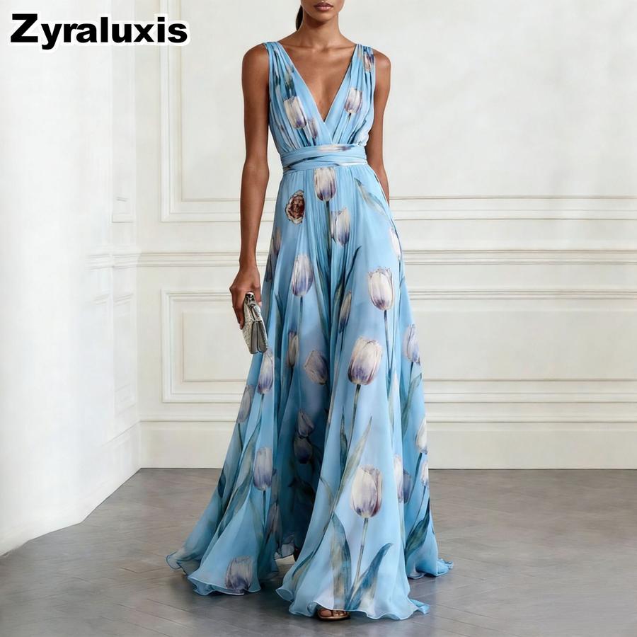 New Peony Floral Evening Gown for Women, Sleeveless V-Neck Maxi Dress S лазурь
