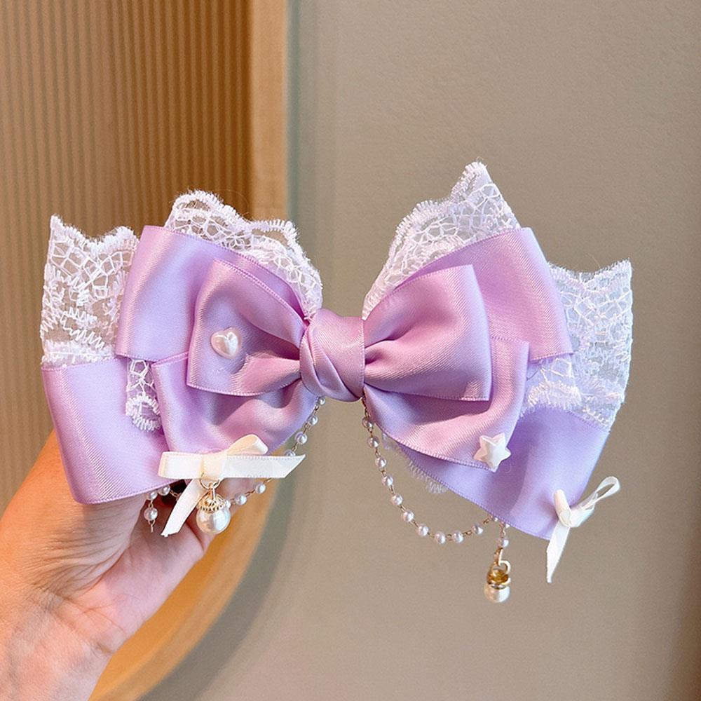 New Lolita Lace Pearl Chain Bow Headpiece Large Lace Ribbon Bow Hair Clip Exquisite Princess Headwear Hair Clip Hair Accessories
