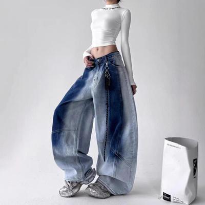 Pantaloni de damă din denim spălat cu talie înaltă și crac lat, croială largă, blugi evazați scurți, Streetwear, Casual