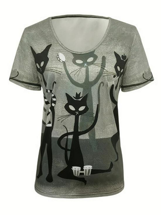 2025 Cartoon Kitten V-Neck Short Sleeve T-Shirt for Women - Spring/Summer Casual Top