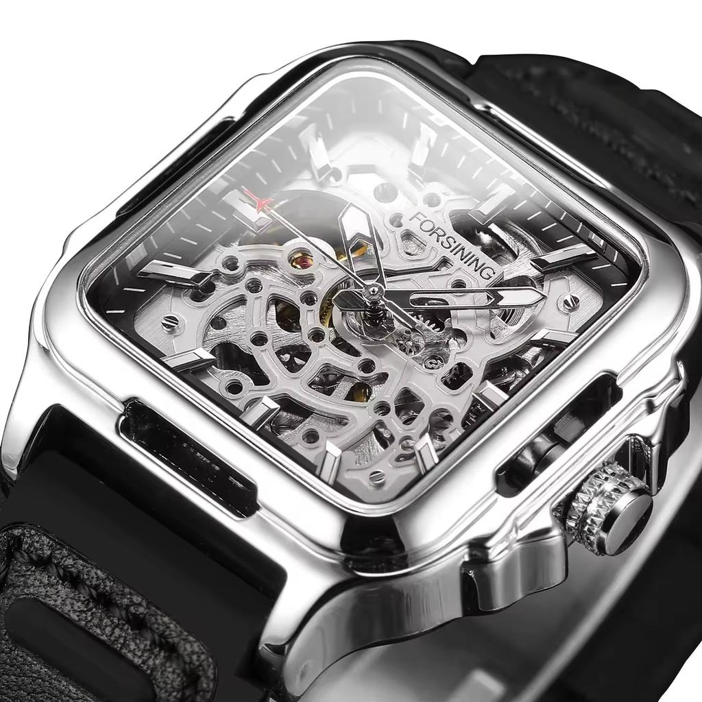 Forsining Square Dial Skeleton Watch Automatic Watch for Men Luxury Sports Mechanical Wristwatch Waterproof Luminous Leather Band
