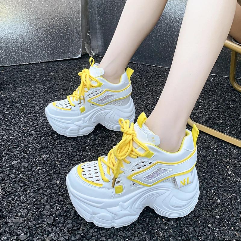 Fashion 9CM New Spring Women Hollow Sneakers 2025 Summer Casual Vulcanized Shoes High Platform Breathable Mesh Sneakers Female Dad Shoes