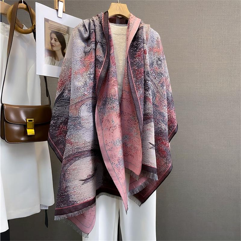 Design Oil Floral Printde Cashmere Scarf Women Winter Pashmina Shawls And Wraps Thick Warm Bufanda Stoles Blanket Luxury