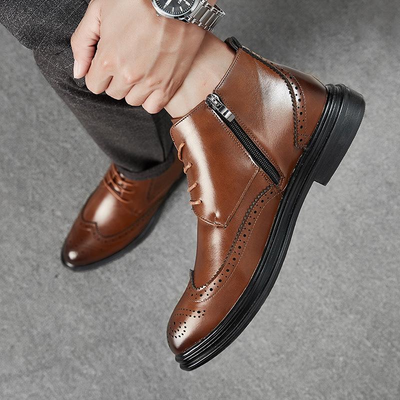 Men Black Ankle Boots Motorcycle Casual Brown Brogues Waterproof Men’s Street Style Boots Wingtip Dress Formal Leather Boots