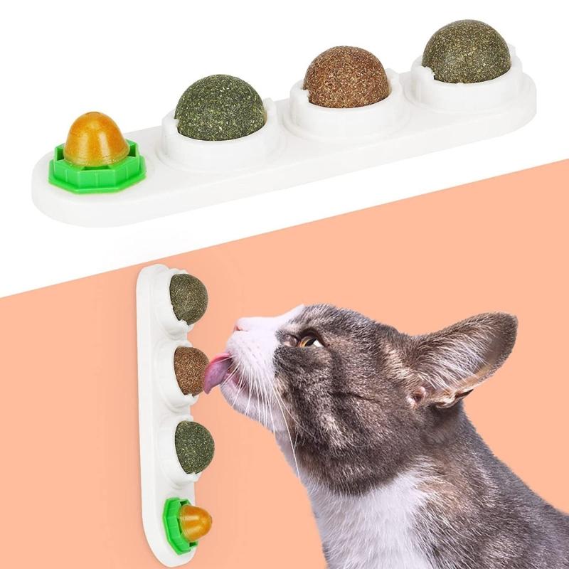 Catnips Toy Edible Ball Set Wall Mount Rotatable Natural Licking Treat Toy for Kitten of Various Age 8" Long Base X3UC