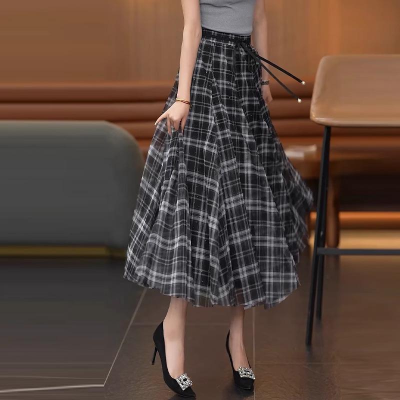 Women's High Waist Retro Plaid Mesh Midi Skirt - Spring/Summer 2025 Collection