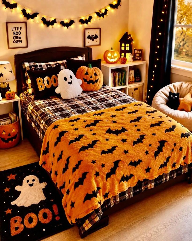 Halloween Bat Star Flannel Throw Blanket Orange Background Pumpkin Holiday Decor Sofa Blanket