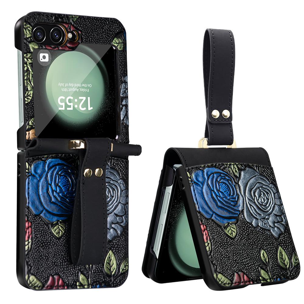 

Чехол-подставка для Samsung Galaxy Z Flip5 5G, кожаный+ПК чехол для телефона с цветочным узором и задней пленкой Black