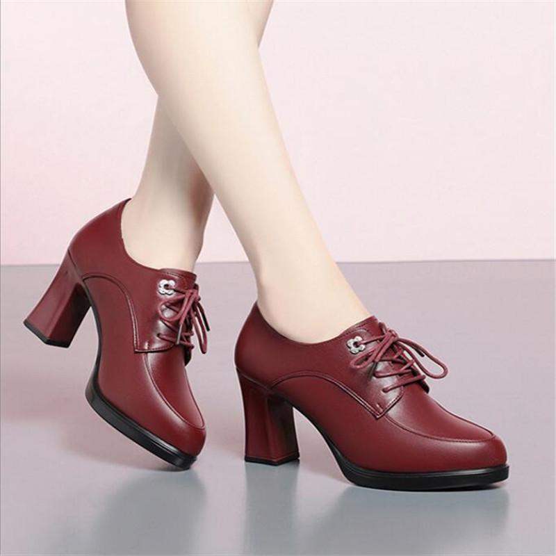 Spring Autumn Women's Pumps Fashion Deep Mouth Pumps Shoes Woman Genuine Leather Lace Up Single Shoes Mother High Heels Shoes