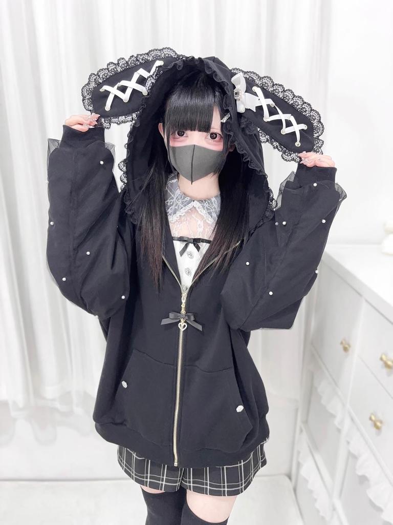 ZYOOFOV Long Sleeve Hoodie with Open Rabbit and Cute Plus Princess Gothic Harajuku Women's Front, Ears, Lace, Ruffles, Ribbon, Bow, Zip-Up Top, Sizes,