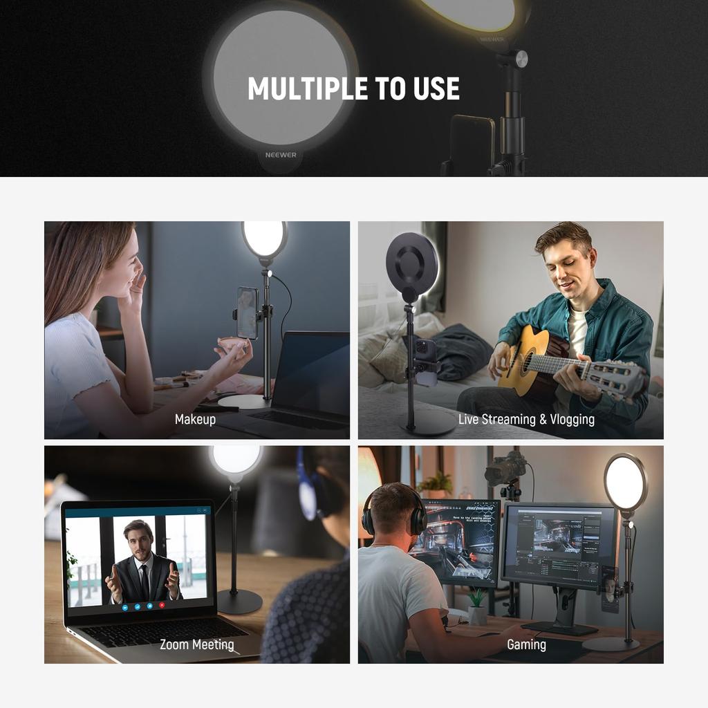 NEEWER BASICS Tabletop Ring Video 680 USB Stand and Smartphone Holder iPhone Actress Light for Live Zoom and YouTube Shooting 7-inch Light, Light,