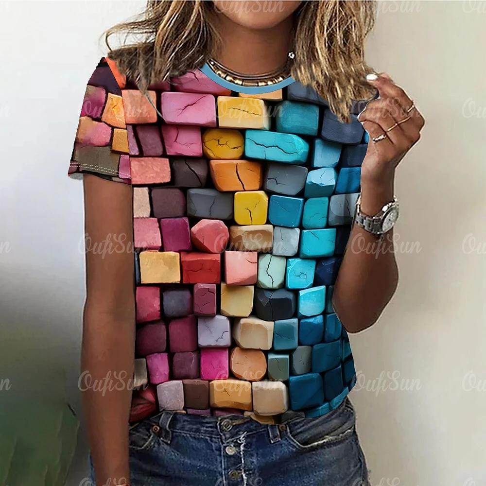 3D color stone print women's T-shirt summer fashion casual loose T-shirt oversized short sleeved round neck top design clothing