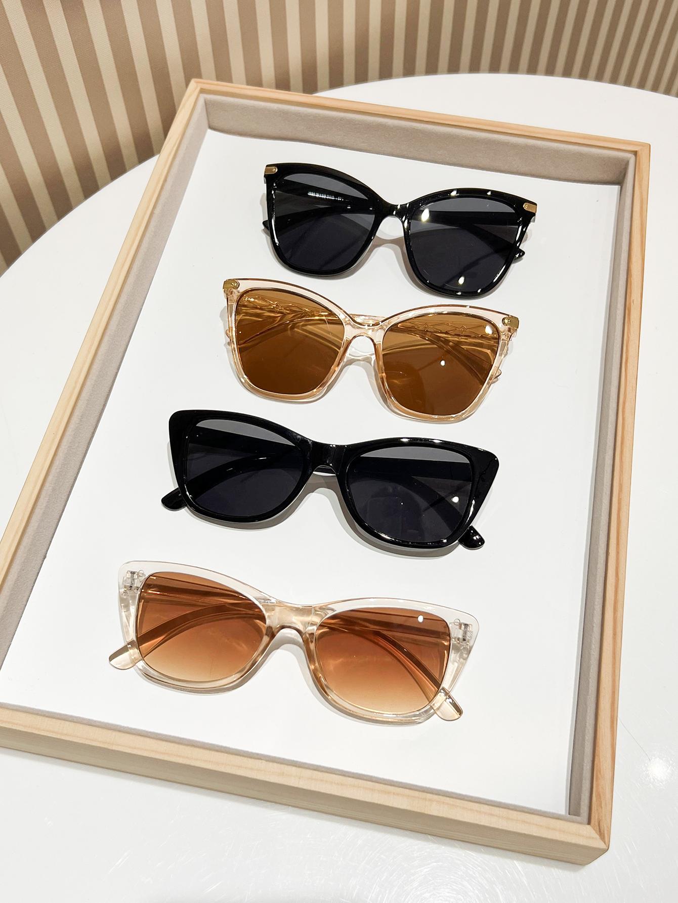 

4Pcs Classic Color Cat Eye Frame Women s Sunglasses Set - Black and Champagne Dual Style Suitable for Daily Wear and Driving
