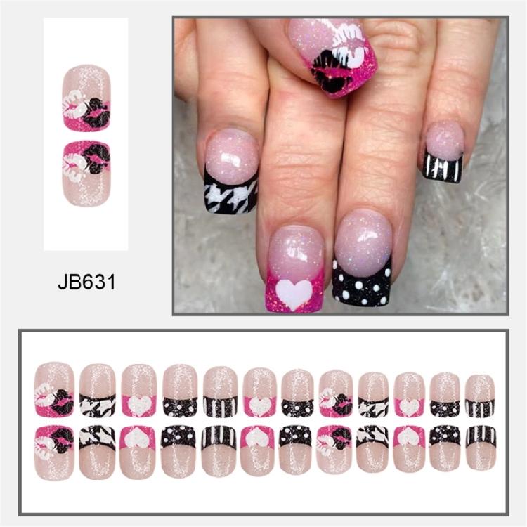 24 Pcs Short Square Artificial Nail Heart Lip Print Stick on Nail Valentines Day False Nail French Tip Press On Nail