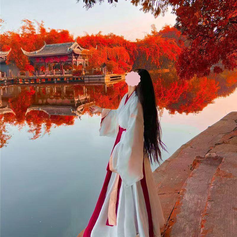 Hanfu Damenanzug, chinesischer Wei- und Jin-Dynastie-Stil, Kreuzkragen, Taillenlänge, Fee, 2-teiliges Set