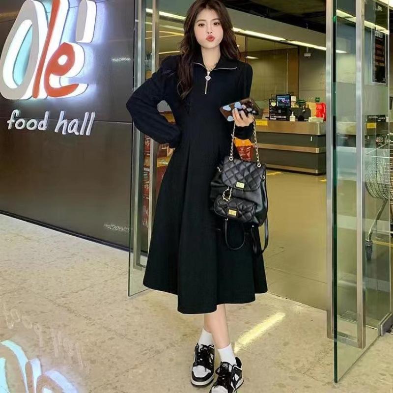 Large Size High-end Long-sleeved Waffle Inner Dress Women's Spring and Autumn New Waist Skirt