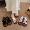 Retro Cross Belt Simple Fairy Open-toed Sandals Female Summer New Wedges Square Head Wear Comfortable One-word Slippers
