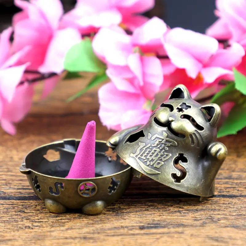 Lucky Wealth Cat Incense Burner Golden Feng Shui Good Luck Home/Office Decor With Prosperity Symbols Meditation Accessory