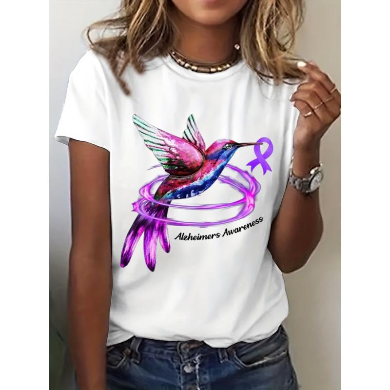 Womens Fight Alzheimers Awareness Print Short Sleeve TShirts Summer Casual Round Neck Tops