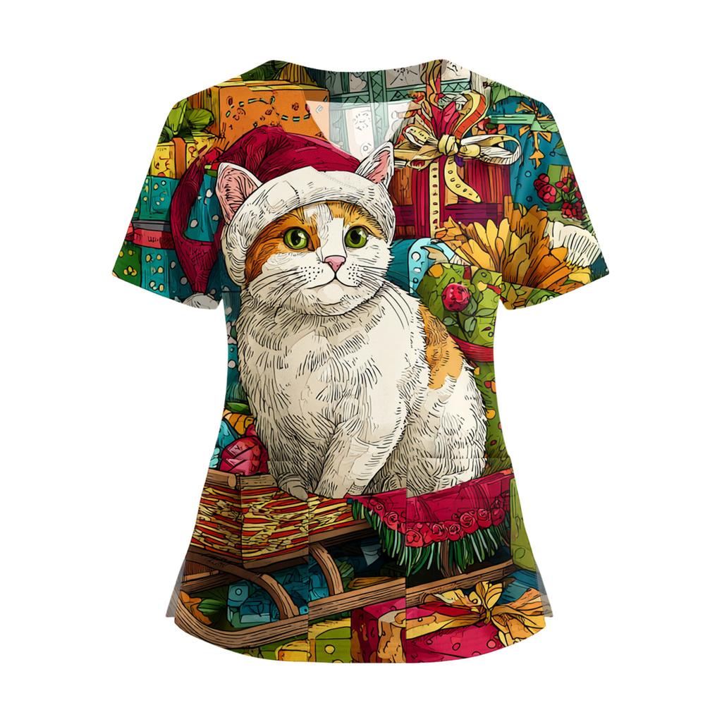 Damski T-shirt z krótkim rękawem z nadrukiem świątecznym, dekoltem w serek, zapinany na guziki z rozcięciem z boku