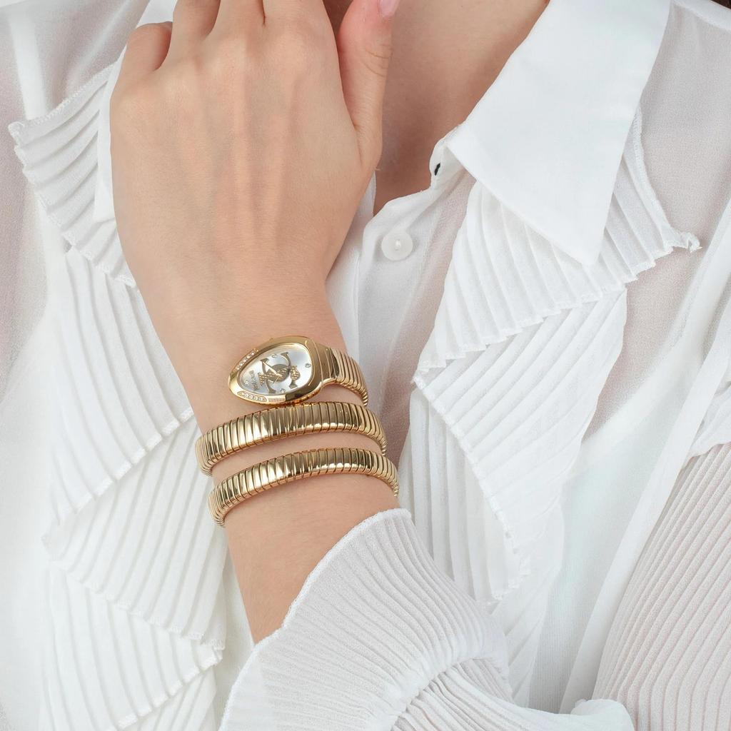 Roberto Cavalli Glam Evo 5 Silver Dial Gold Steel Strap Watch for Women JC1L228M0035