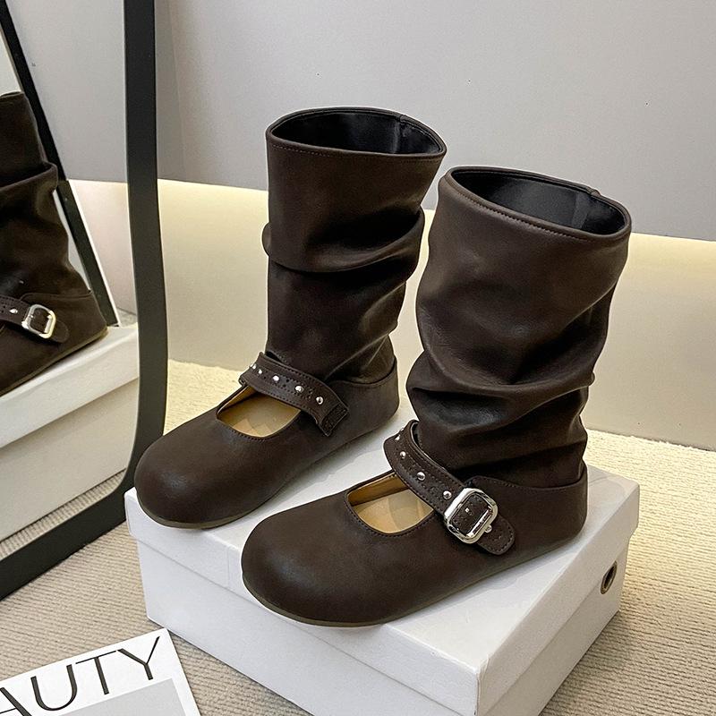 One-pedal medium boots women's autumn new short boots belt buckle thick-soled round head sleeve fashion boots