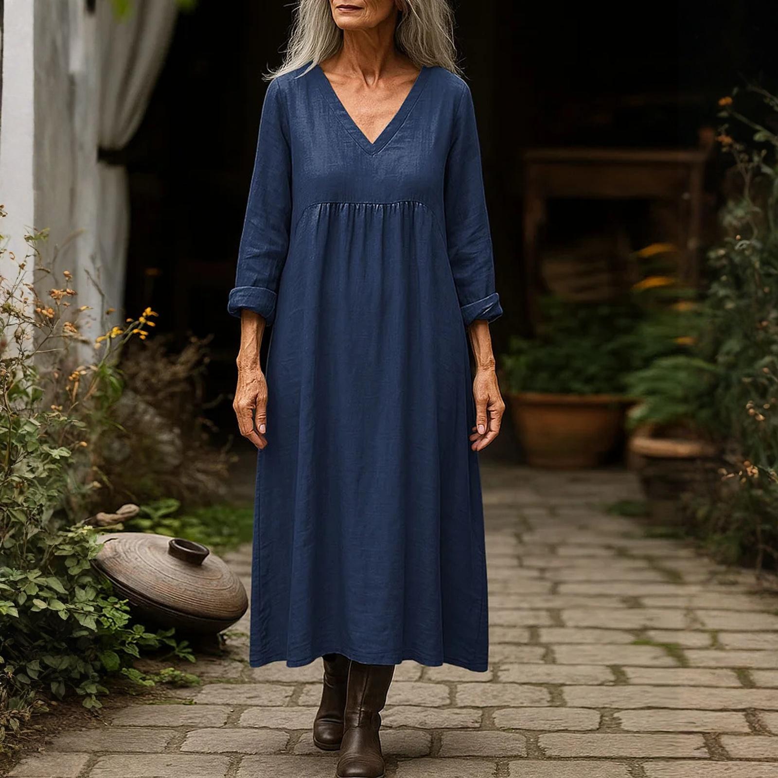 

Women s Solid-color Cotton And Linen Long-sleeved V-neck Mid-length Dress XL Темно-синій