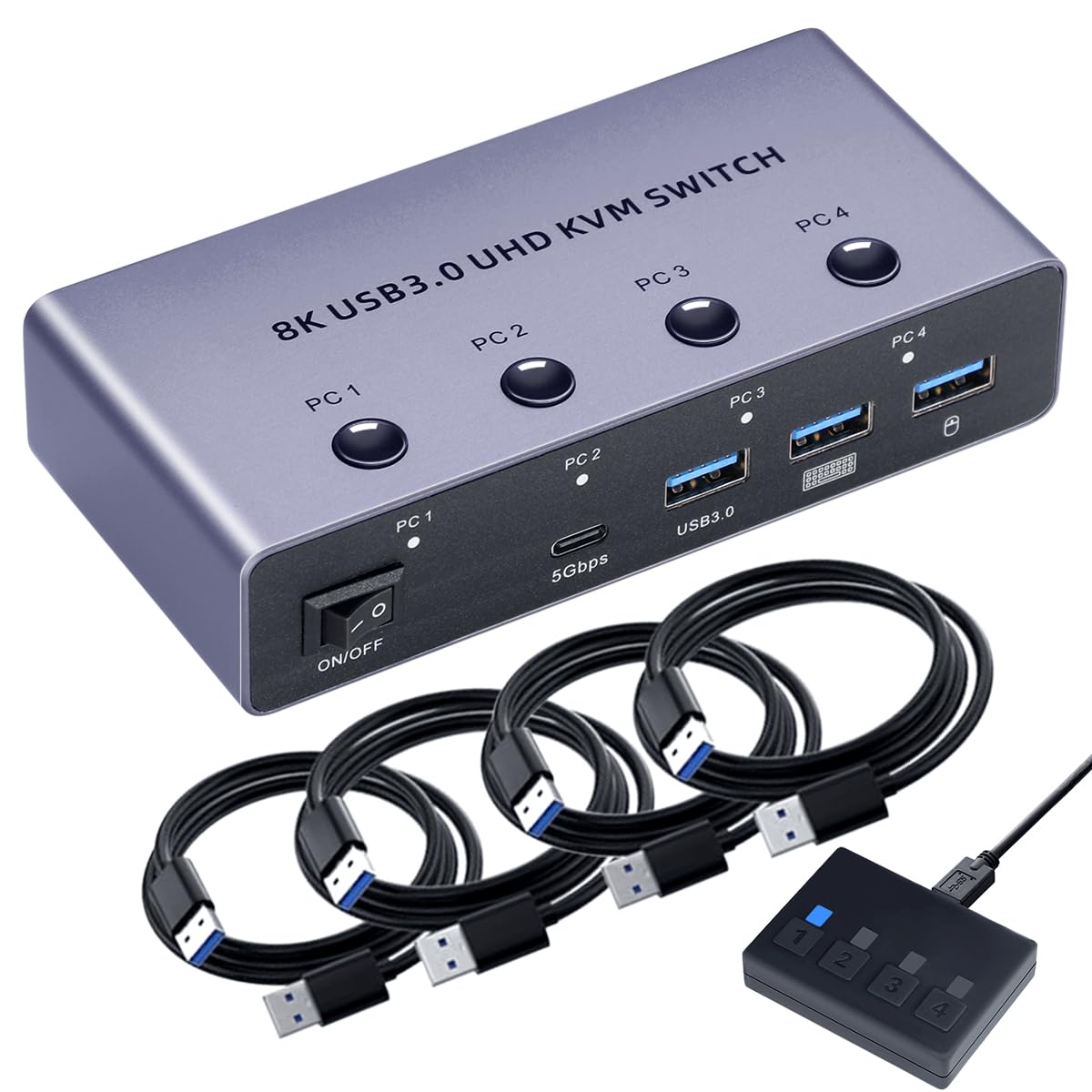 

KVM-переключатель ELEVIEW для 4 KVM, 4 порта HDMI, совместим с 4K 120 Гц / 8K 60 Гц, для совместного использования клавиатуры/мыши/монитора, алюминиевая конструкция, без драйверов, управление сервером