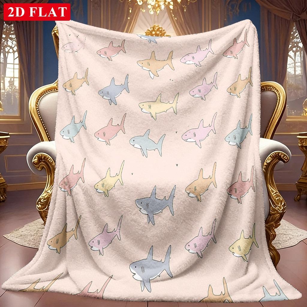 1pc 2D Colorful Shark Theme Pattern Flannel Blanket, Soft HD Digital Print, Cooling Blanket All-Season Use! Soft And Breathable 100% Polyester Fiber,
