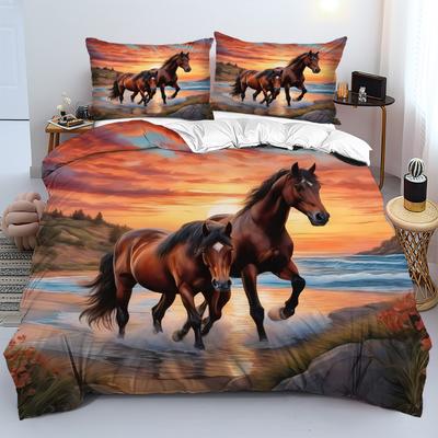 Set Biancheria da Letto Stampa 3D con Cavalli al Tramonto Tessili per la Casa di Lusso Copripiumino Morbido Confortevole Copripiumino in Poliestere Federe