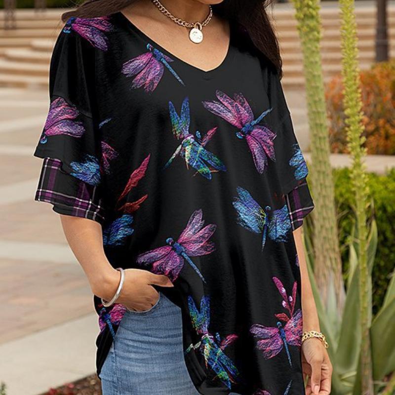 

Лето 2023, женская повседневная футболка больших размеров с v-образным вырезом и короткими рукавами с принтом