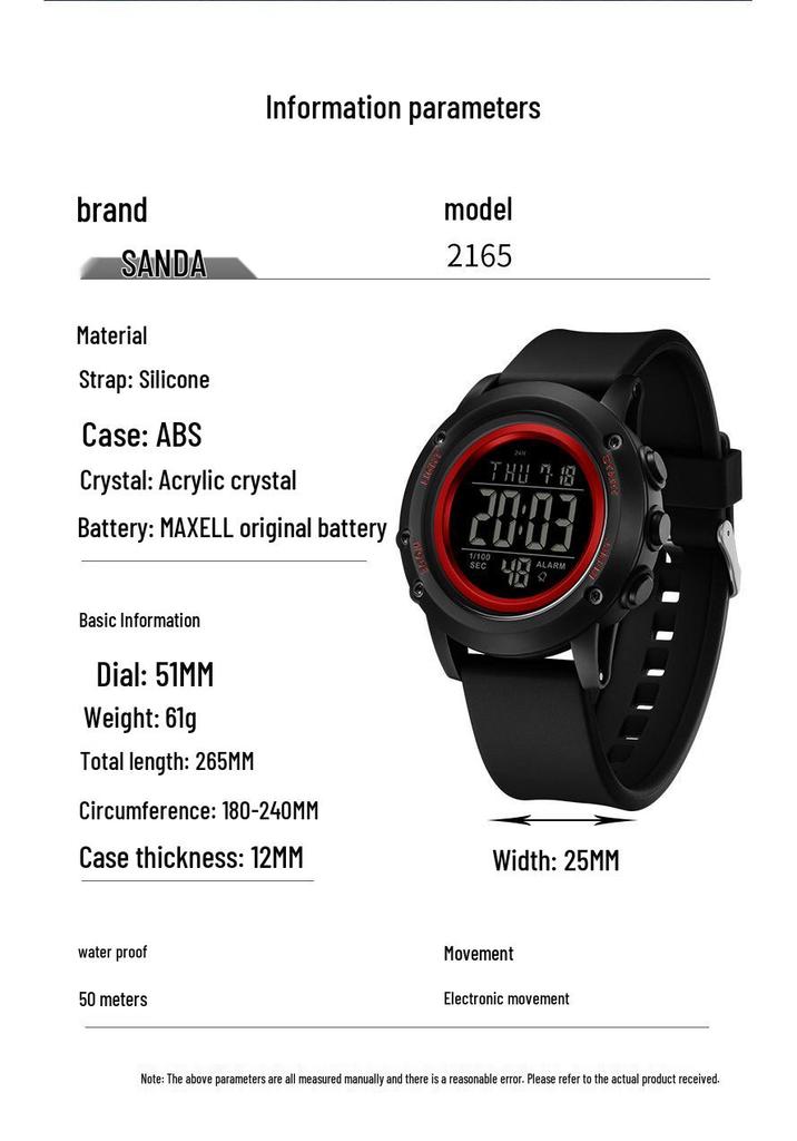 Sanda Wasserdichte Leuchtende Sport-Armbanduhr für Herren - Einfache Multifunktionale Elektronische Uhr