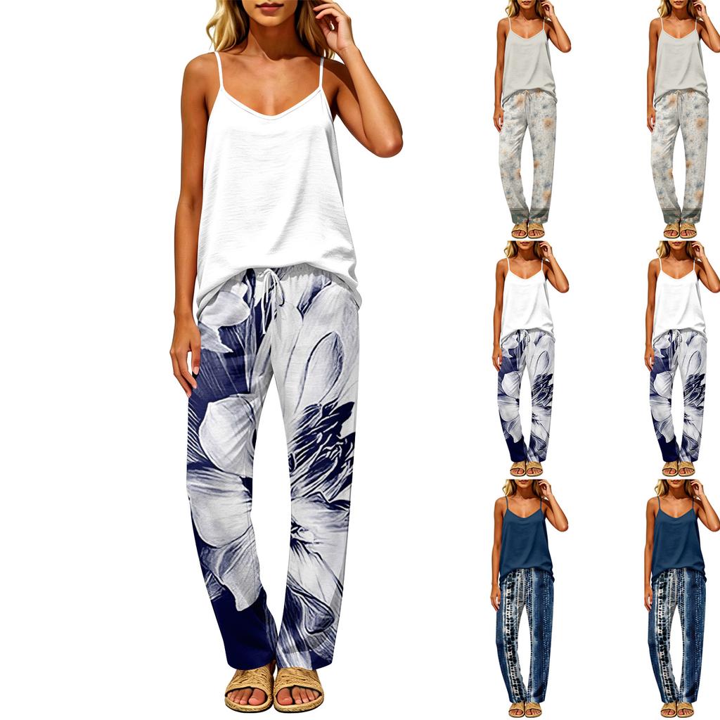 Women's 2 Piece Outfit Set, Casual Backless Sleeveless Top with Elastic Waist Long Pants, Suit No Pockets