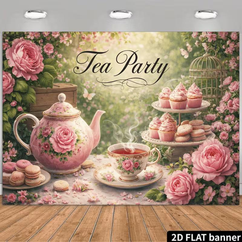 2D Floral Tea Party Backdrop Garden Rose & Teapot Party Background Banner