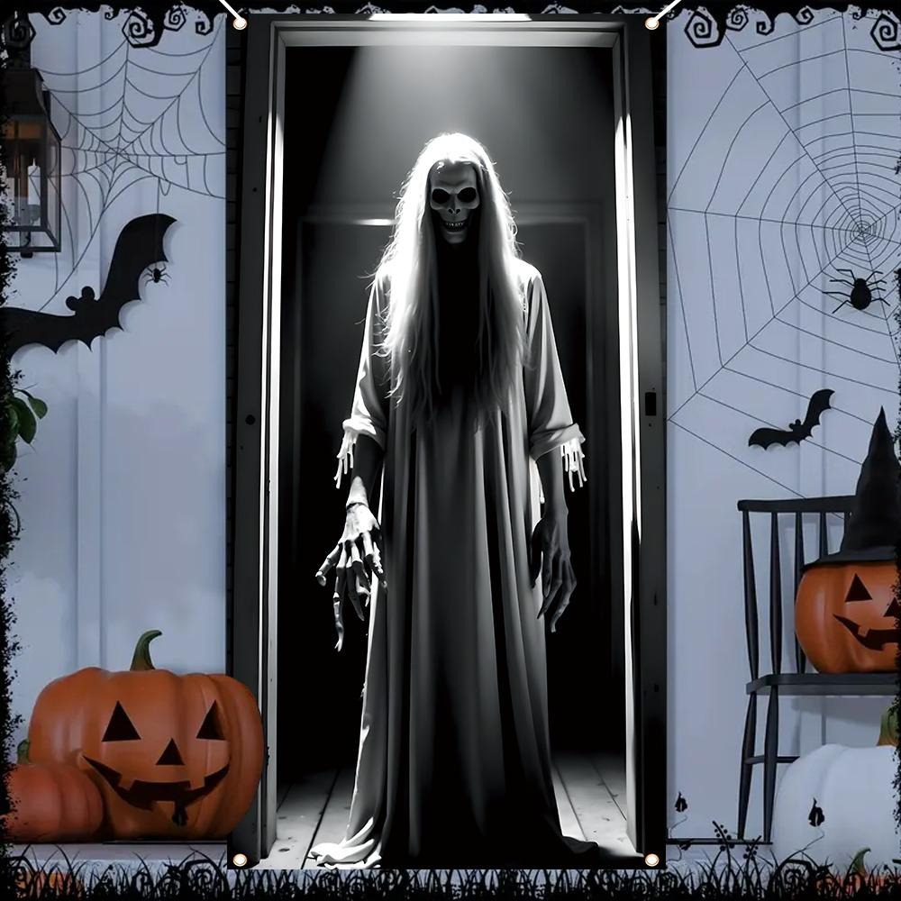 Halloween Horror Door Banner Long Haired Skeleton Ghost Haunted House Entrance Decor Spooky Theme Party Courtyard Ornament