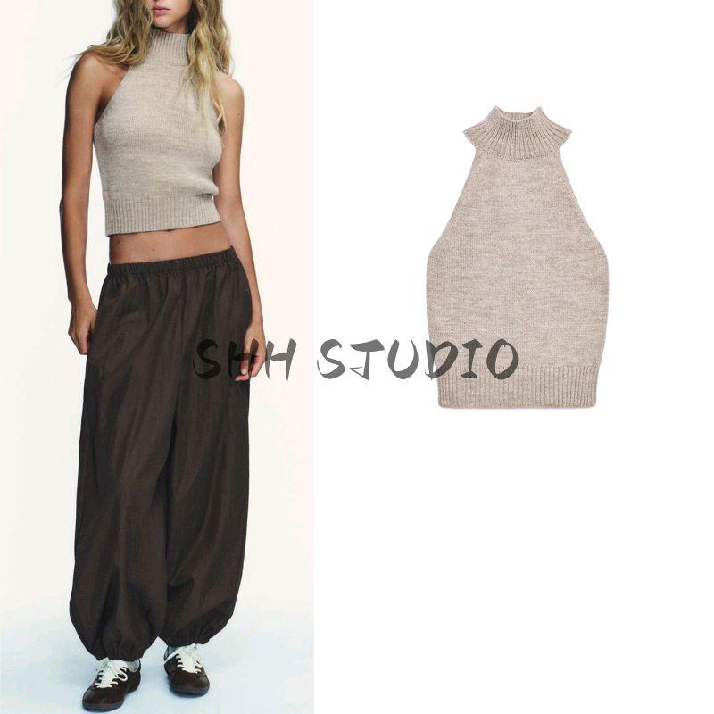 Autumn New Women Sleeveless Vest Pure Color Silm Hanging Collar off-the-Shoulder Knitting Tops 6771138