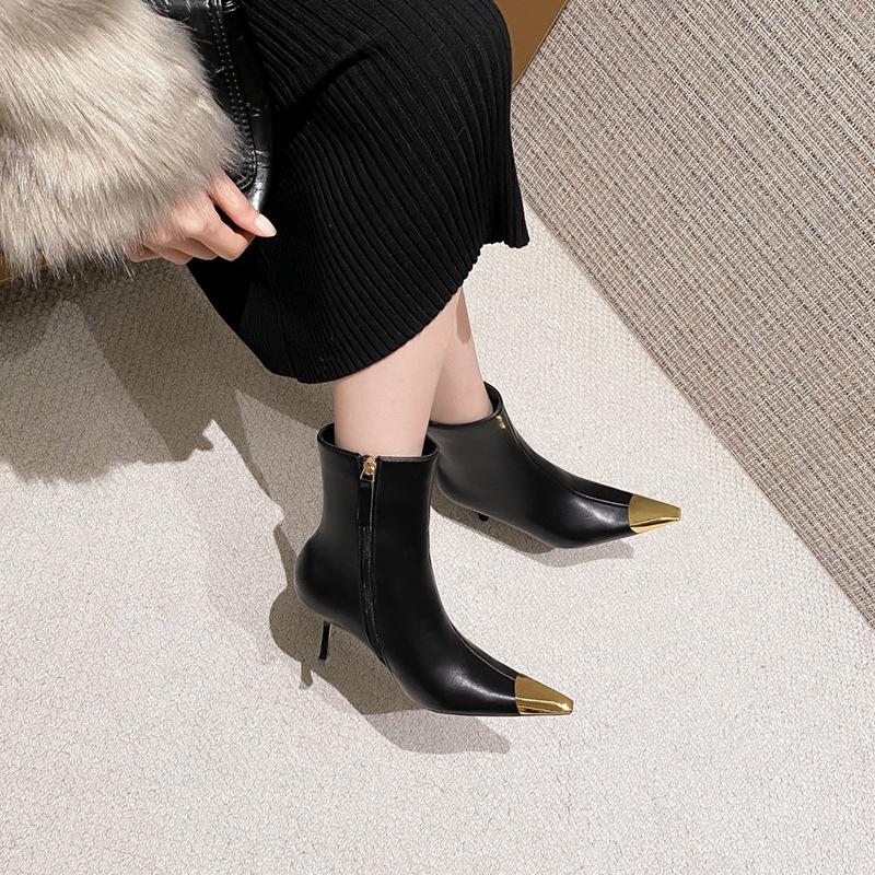 Women Pointed Stiletto Heel Ankle Boots 2025 New European Style Metal Toe Black Gold Sexy Boots