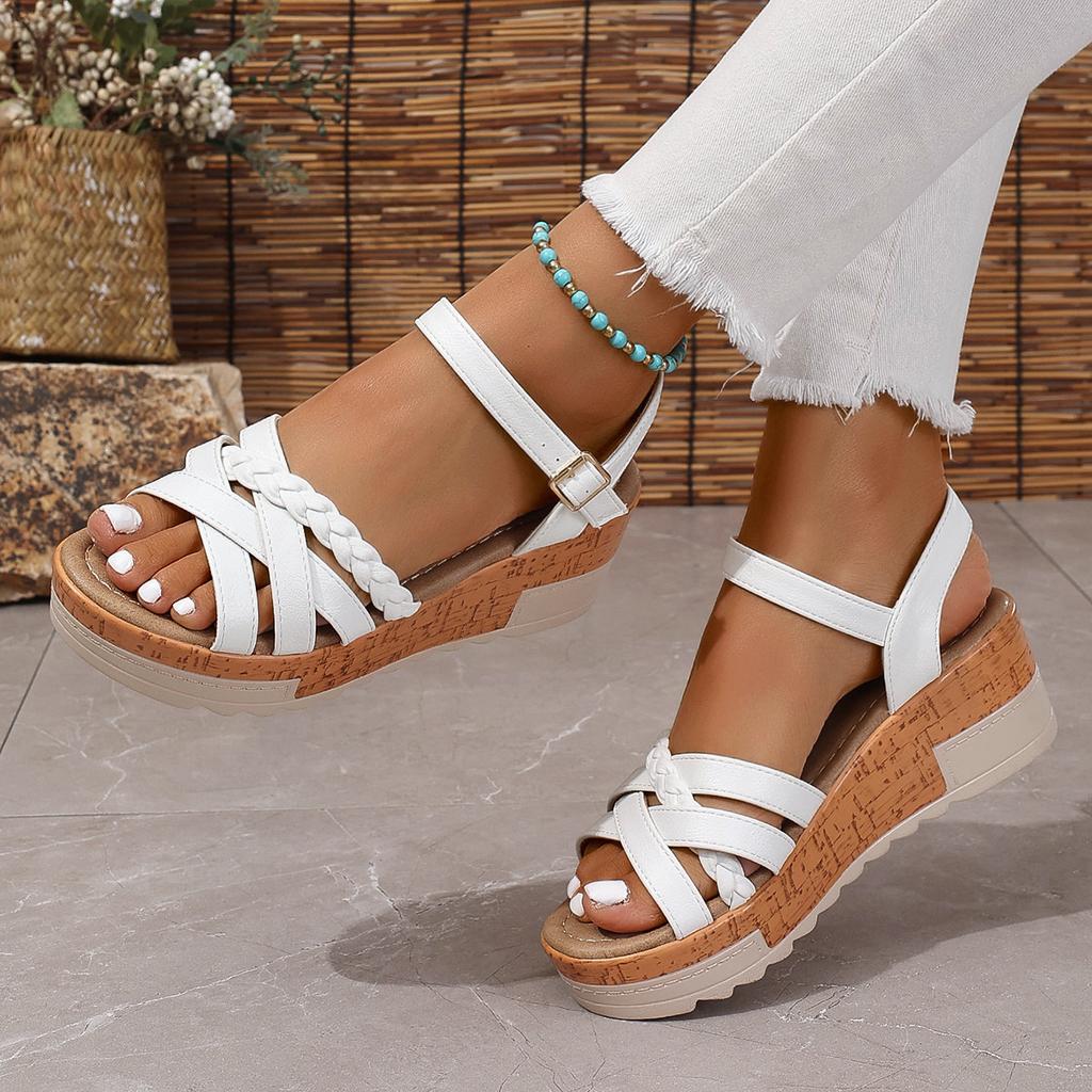 Mode Geflochtene Kreuzriemen Damen Plateau Sandalen Sommer Dicke Sohle Rutschfest Strandschuhe Frau Knöchelriemen Keilsandalen Gladiatorsandalen